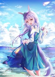 Rule 34 | 1girl, absurdres, animal ears, blue dress, blush, cloud, cloudy sky, day, dress, highres, horse ears, horse girl, horse tail, long hair, long sleeves, looking at viewer, looking back, mejiro mcqueen (umamusume), mika uni, open mouth, purple eyes, purple hair, shirt, sky, smile, solo, tail, umamusume, water, white shirt