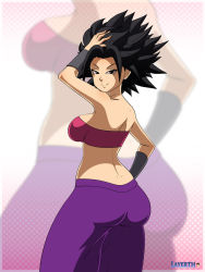 Rule 34 | 10s, 1girl, ass, bare shoulders, black eyes, black hair, breasts, caulifla, dragon ball, dragon ball super, female focus, hand on own hip, layerth, looking at viewer, medium breasts, midriff, navel, pants, saiyan, sideboob, smile, solo, spiked hair, strapless, thighs, tube top