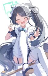 Rule 34 | 1girl, apron, aqua ribbon, aris (blue archive), aris (maid) (blue archive), black dress, black footwear, black hair, black wristband, blue archive, blush, bucket, closed eyes, commentary, dress, frilled apron, frills, garter straps, halo, hands up, highres, kurumi lm, leg up, long hair, maid, maid apron, maid headdress, neck ribbon, official alternate costume, open mouth, ponytail, ribbon, short sleeves, simple background, sitting, solo, sweatdrop, thighhighs, very long hair, wet, white background, white thighhighs
