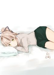 Rule 34 | 1girl, absurdres, alternate costume, casual, cowboy shot, green shorts, grey sweater, hair flaps, highres, kantai collection, light brown hair, long hair, looking at viewer, lying, on side, pillow, ponytail, shanghmely, shorts, simple background, solo, sweater, very long hair, white background, yellow eyes, yura (kancolle)