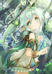 Rule 34 | 1girl, :o, absurdres, bare shoulders, commentary request, day, dress, flower-shaped pupils, forest, genshin impact, green eyes, grey hair, hair between eyes, high ponytail, highres, looking at viewer, looking to the side, nahida (genshin impact), nature, otogi kyouka, outdoors, parted lips, sleeveless, sleeveless dress, solo, symbol-shaped pupils, white dress