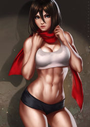 Rule 34 | 1girl, abs, arms up, artist name, black hair, black panties, blue eyes, breasts, contrapposto, dandon fuga, hair between eyes, large breasts, lips, looking at viewer, mikasa ackerman, navel, panties, pinup (style), realistic, red scarf, scar, scarf, shingeki no kyojin, short hair, solo, sports bra, standing, stomach, toned, underwear, underwear only