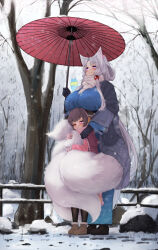 Rule 34 | 2girls, ahoge, alternate costume, animal ears, bare tree, black gloves, black pantyhose, blue kimono, boots, breast rest, breasts, breasts on head, brown hair, closed mouth, commentary request, curtained hair, day, earmuffs, fox ears, fox girl, fox tail, full body, gloves, grey hair, grey jacket, half updo, haori, headgear, height difference, highres, holding, holding umbrella, huge breasts, hugging tail, jacket, japanese clothes, kimono, kitsune, kyuubi, long hair, mini snowman, multiple girls, multiple tails, ne an ito, nhk (voiceroid), oil-paper umbrella, one eye closed, outdoors, pantyhose, pink eyes, pink scarf, pink shirt, scarf, shirt, siblings, sisters, smile, snow, snowing, snowman, standing, tail, tail wrap, touhoku itako, touhoku kiritan, tree, umbrella, very long hair, voiceroid, white scarf, winter
