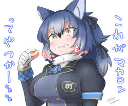Rule 34 | 1girl, animal ears, blazer, blue hair, dire wolf (kemono friends), eating, extra ears, food, gloves, grey eyes, jacket, kemono friends, kemono friends v project, long hair, macaron, neck ribbon, ribbon, scarf, shirt, simple background, solo, sweets, taurine 8000mg, twintails, virtual youtuber, wolf ears, wolf girl