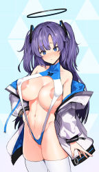 Rule 34 | 1girl, areola slip, bare shoulders, blue eyes, blush, breasts, copyright request, covered erect nipples, embarrassed, full-face blush, halo, highres, jacket, large areolae, large breasts, long hair, looking at viewer, one-piece swimsuit, open clothes, open jacket, purple hair, simple background, solo, swimsuit, thighhighs, thighs, twintails, white thighhighs, ysmmzr