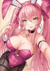 Rule 34 | 1girl, animal ears, arm strap, bare shoulders, black pantyhose, blush, breasts, cleavage, collarbone, commentary request, covered navel, earrings, fake animal ears, green eyes, hair ornament, hair ribbon, hairband, highres, jewelry, large breasts, leotard, long hair, looking at viewer, mole, mole under eye, original, pantyhose, parted lips, pink hair, pink hairband, pink leotard, playboy bunny, rabbit ears, ribbon, sakiyamama, smile, solo, thighs, twintails, wrist cuffs