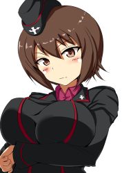 Rule 34 | 10s, 1girl, blush, breast hold, breasts, brown eyes, brown hair, dress shirt, garrison cap, girls und panzer, hat, jacket, large breasts, long sleeves, looking at viewer, military, military uniform, nishizumi maho, red shirt, shirt, short hair, solo, uniform, upper body, white background, yottin