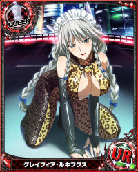Rule 34 | 10s, 1girl, alternate costume, animal ears, animal print, artist request, bell, blush, bow, braid, breasts, bridal gauntlets, card (medium), cat ears, character name, chess piece, cleavage, grayfia lucifuge, grey eyes, grey hair, high school dxd, jingle bell, large breasts, leopard print, lipstick, maid headdress, makeup, matching hair/eyes, night, official art, queen (chess), red lips, smile, solo, trading card, twin braids