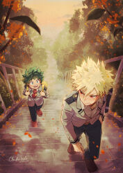 Rule 34 | 2boys, :d, atmospheric perspective, backpack, bag, bakugou katsuki, belt buckle, black pants, blazer, blonde hair, blurry, blurry foreground, blush, boku no hero academia, bright pupils, buckle, buttoned cuffs, buttons, circle name, collared shirt, commentary request, cross-laced footwear, dated commentary, dot nose, double horizontal stripe, dress shirt, embarrassed, falling petals, film grain, foliage, freckles, from above, green eyes, green hair, grimace, hair between eyes, hand in pocket, hands up, happy, highres, holding strap, jacket, long sleeves, looking at another, looking back, looking up, male focus, midoriya izuku, multiple boys, necktie, on stairs, open collar, open mouth, orange sky, outdoors, pants, partial commentary, petals, railing, red eyes, red footwear, red necktie, school uniform, shirt, shoes, short hair, shoulder bag, sky, smile, sneakers, spiked hair, stairs, tannoci, tree, twitter username, u.a. school uniform, vanishing point, walking, white pupils, white shirt, wing collar, yellow bag