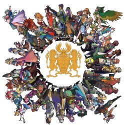 6+boys 6+girls absurdres arm_fins armor azami_(saga) beads bear_(romancing_saga_2) beard black_hair blacksmith_(romancing_saga_2) blonde_hair blue_eyes blue_hair bracelet breasts brown_footwear brown_hair cat_(romancing_saga_2) character_request cleavage coppelia_(romancing_saga_2) court_mage_(romancing_saga_2) crown crusader_(romancing_saga_2) dancer_(romancing_saga_2) emerald_(romancing_saga_2) everyone facial_hair fingerless_gloves fins flower frosty_(romancing_saga_2) gellard_(romancing_saga_2) gloves goggles goggles_on_head green_eyes green_hair grey_hair hair_beads hair_flower hair_ornament hat head_fins hector_(romancing_saga_2) henrique_(romancing_saga_2) highres james_(romancing_saga_2) jewelry leon_(romancing_saga_2) licorice_(romancing_saga_2) magatama magatama_necklace mask midriff multicolored_hair multiple_boys multiple_girls mustache navel necklace ninja_(romancing_saga_2) orange_hair pepe_dqx pink_hair ponytail protagonist_(romancing_saga_2) purple_eyes purple_hair ranger_(romancing_saga_2) red_flower red_footwear red_hair red_rose ring romancing_saga_2 rose saga shield sofia_(romancing_saga_2) teacher_(saga_2) therese_(romancing_saga_2) thetis_(romancing_saga) turban unicorn vagabond_(romancing_saga_2) white_hair wings