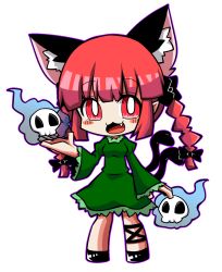 Rule 34 | 1girl, animal ears, blush, bow, braid, cat ears, cat girl, cat tail, chibi, extra ears, fang, female focus, ghost, hair bow, highres, jiro-min, kaenbyou rin, multiple tails, red eyes, red hair, skull, tail, touhou, twin braids
