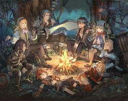Rule 34 | 3girls, 5boys, ahoge, aqua hair, black footwear, black hair, black pants, black shorts, blonde hair, blue eyes, boots, campfire, character request, closed eyes, gloves, green vest, habit, hairband, dreadlocks, hand up, holding, holding sword, holding weapon, long hair, long sleeves, lying, megido72, midriff, multiple boys, multiple girls, navel, on back, open mouth, oversized object, pants, plaid, plaid skirt, profile, red hair, sasumata jirou, scar, scar on face, shirt, shoes, short hair, shorts, sitting, skirt, sleeveless, smile, sword, twintails, vest, weapon, white gloves, white shirt, yellow skirt