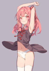 Rule 34 | 1girl, arms up, blush, clothes lift, commentary request, cowboy shot, dress, dress lift, flower knot, grey background, grey dress, hair ribbon, highres, kotonoha akane, long hair, looking at viewer, navel, panties, pink hair, red eyes, red ribbon, ribbon, simple background, sleeveless, sleeveless dress, smile, solo, thighhighs, underwear, voiceroid, white panties, white thighhighs, wind, wind lift, yamamomo (plank)