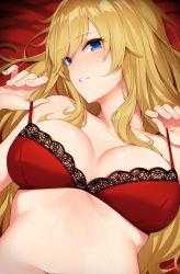 Rule 34 | 1girl, anza tomo, bare shoulders, blonde hair, blue eyes, blush, bra, breasts, cleavage, collarbone, commentary, highres, idolmaster, idolmaster cinderella girls, lace, lace-trimmed bra, lace trim, large breasts, long hair, looking at viewer, lying, ohtsuki yui, on back, parted lips, red bra, smile, solo, strap pull, swept bangs, underwear, wavy hair