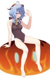 Rule 34 | 1girl, afterimage, ahoge, arm support, bare arms, bare legs, bare shoulders, barefoot, bell, blue hair, breasts, brown leotard, covered navel, fanning self, full body, ganyu (genshin impact), genshin impact, highres, horns, leaning back, leotard, looking at viewer, lta rsws, medium breasts, motion lines, open mouth, purple eyes, short hair, sidelocks, simple background, sitting, slime (genshin impact), solo, tongue, tongue out, white background