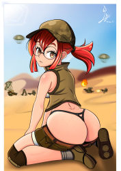 Rule 34 | 1girl, 2021, absurdres, ass, ass freckles, bare arms, bare shoulders, baseball cap, body freckles, brown eyes, clothes pull, clothing cutout, dated, day, fio germi, freckles, freckles on ass, body freckles, from behind, glasses, hat, heart cutout, high ponytail, highres, laceysx, lens flare, long hair, looking at viewer, looking back, metal slug, outdoors, parachute, red hair, round eyewear, shorts, shorts pull, sidelocks, sitting, solo focus, thong, wariza