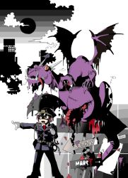 Rule 34 | belt, black moon, blood, building, city, claws, cloud, dragon, dragon wings, entrails, fang, gloves, hat, horns, kouhei (earthling), monster, moon, necktie, no nose, open mouth, organs, pointing, police, police hat, purple hair, scar, sign, skull and crossbones, stitches, tail, umbrella, western dragon, wings, zombie