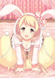 Rule 34 | :d, ahoge, all fours, animal hood, black skirt, blonde hair, body pillow, bow, breasts, brown eyes, cleavage, collarbone, crescent print, curtains, flower knight girl, head tilt, hood, long hair, long sleeves, looking at viewer, low twintails, medium breasts, open mouth, pillow, pleated skirt, pom pom (clothes), poru (naasan), rabbit hood, skirt, smile, solo, star (symbol), star print, susuki (flower knight girl), twintails
