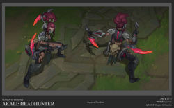 Rule 34 | 1girl, akali, armor, armored boots, artist name, boots, braid, breasts, dagger, forehead tattoo, hair ornament, headhunter akali, highres, holding, holding dagger, holding knife, holding weapon, knife, league of legends, long hair, looking at viewer, mask, medium breasts, mouth mask, multiple views, official alternate costume, red hair, standing, tattoo, vegacolors, weapon