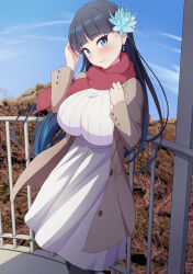 Rule 34 | 1girl, absurdres, aqua eyes, black hair, blue hair, blue sky, blunt bangs, blush, breasts, brown jacket, closed mouth, cloud, commentary request, day, flower, gradient hair, grey skirt, hair flower, hair ornament, highres, jacket, large breasts, long hair, long sleeves, looking at viewer, mole, mole under mouth, multicolored hair, original, outdoors, railing, red scarf, ribbed sweater, sakamata (sakamata4), scarf, skirt, sky, smile, solo, standing, sweater, two-tone hair, white sweater