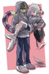 Rule 34 | 1boy, 1girl, arthropod boy, backpack, bag, black nails, black shorts, blind, blush, butn 0925, closed eyes, colored skin, green skin, grey hoodie, highres, hood, hood up, hoodie, hunter x hunter, komugi (hunter x hunter), long earlobes, long hair, looking at another, meruem, pink background, pink eyes, school bag, shirt, shoes, shorts, simple background, smile, sneakers, tail, white hair, white shirt
