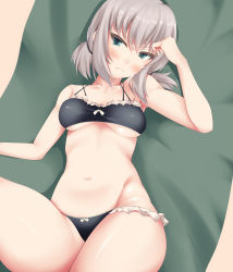 Rule 34 | 10s, 1girl, absurdres, arm up, armpits, bad id, bad pixiv id, bikini, black bikini, blanket, blonde hair, breasts, cleavage, closed mouth, collarbone, eyebrows, eyelashes, frilled bikini, frills, from above, frown, girls und panzer, green eyes, highres, itsumi erika, looking at viewer, looking up, medium breasts, navel, nksk, solo, stomach, swimsuit, thighs, tsurime