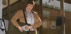 Rule 34 | 1boy, bag, bookstore, brown hair, closed eyes, collared shirt, commentary request, cropped, door, glasses, highres, holding, holding paper, jacket, male focus, motoori shiro, open mouth, paper, shirt, shop, short hair, shoulder bag, smile, solo, thick eyebrows, tokyo houkago summoners, translated, tyou, upper body, white shirt