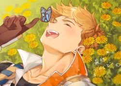 Rule 34 | 1boy, :d, black shirt, blonde hair, blush, bug, butterfly, butterfly on nose, close-up, closed eyes, collar, collarbone, flower, gloves, granblue fantasy, higashigunkan, insect, lying, male focus, marigold, on back, on ground, open mouth, pectorals, plant, popped collar, portrait, shirt, smile, solo, toned, toned male, vambraces, vane (granblue fantasy), yellow flower