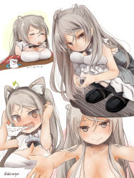 Rule 34 | 1girl, akino shuu, blush, breasts, brown eyes, closed mouth, collarbone, conte di cavour (kancolle), conte di cavour nuovo (kancolle), dress, closed eyes, kantai collection, large breasts, layered dress, long hair, multiple views, open mouth, short sleeves, silver hair, simple background, smile, twitter username, two-tone dress, two side up, white background, white dress