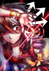 Rule 34 | 2girls, :d, arm up, arrow (symbol), bad id, bad pixiv id, black background, black hair, bracelet, floral print, grey horns, horns, index finger raised, japanese clothes, jewelry, kijin seija, kimono, laser, looking at another, mini person, minigirl, multicolored hair, multiple girls, open mouth, purple hair, red eyes, red hair, red kimono, sack, short hair, smile, streaked hair, sukuna shinmyoumaru, touhou, uneven eyes, upper body, white hair, wide sleeves, yudaoshan