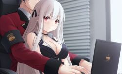 Rule 34 | 1boy, 1girl, armband, artist name, black dress, black hair, window blinds, blurry, blurry background, blush, breasts, cleavage, closed mouth, collared shirt, commander (girls&#039; frontline), commentary request, computer, depth of field, dress, girls&#039; frontline, griffin &amp; kryuger military uniform, hair between eyes, head out of frame, highres, indoors, jacket, kar98k (girls&#039; frontline), keenh, laptop, long hair, long sleeves, medium breasts, red eyes, red jacket, shirt, signature, sitting, sitting on lap, sitting on person, sleeveless, sleeveless dress, smile, sweat, very long hair, white hair, white shirt