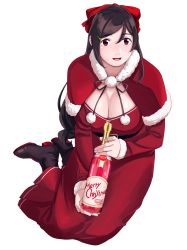 Rule 34 | 1girl, absurdres, alcohol, black hair, blush, bow, breasts, champagne, christmas, cleavage, hair ornament, hair ribbon, hairclip, highres, holding, kantai collection, large breasts, long hair, looking at viewer, mamiya (kancolle), ojipon, open mouth, red eyes, ribbon, santa costume, shoes, simple background, sitting, solo, white background, yokozuwari
