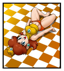 Rule 34 | 1girl, blue eyes, breasts, brown hair, feet, large breasts, legs, looking at viewer, lying, mario (series), mario golf, mario tennis, midriff, navel, nintendo, open mouth, princess, princess daisy, short hair, shorts, sleeveless, smile, solo, thick thighs, thighs, toned, vlaimk