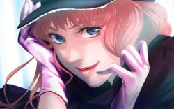Rule 34 | 1girl, :p, blue eyes, gloves, hat, lipstick, looking at viewer, macross, macross frontier, makeup, pink gloves, portrait, red hair, sheryl nome, solo, tokiwa (breeze of film), tongue, tongue out