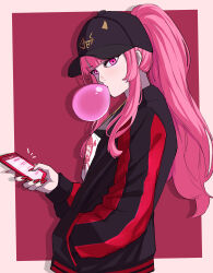Rule 34 | 1girl, absurdres, baseball cap, blunt bangs, breasts, blowing bubbles, cellphone, commentary, from side, hand in pocket, hat, high ponytail, highres, holding, holding phone, hololive, hololive english, ice (10222), jacket, jewelry, large breasts, long hair, looking at viewer, mori calliope, necklace, pale skin, phone, profile, red nails, sidelocks, smartphone, solo, striped sleeves, underwear, virtual youtuber