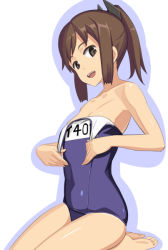 Rule 34 | 10s, 1girl, barefoot, brown eyes, brown hair, caryo, clothes pull, collarbone, covered navel, dark-skinned female, dark skin, i-401 (kancolle), kantai collection, looking at viewer, name tag, nanashino, one-piece swimsuit, one-piece swimsuit pull, open mouth, outline, ponytail, school swimsuit, seiza, short hair, sidelocks, simple background, sitting, solo, swimsuit, white background