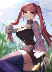Rule 34 | 1girl, absurdres, afri, blunt bangs, blurry, blurry foreground, breasts, buttons, closed mouth, depth of field, double-breasted, dress, field, fire emblem, fire emblem: three houses, flipped hair, flower, high collar, highres, hilda valentine goneril, large breasts, long hair, long sleeves, nintendo, outdoors, pink eyes, pink hair, purple thighhighs, short dress, sidelocks, sitting, sky, smile, solo, thighhighs, twintails