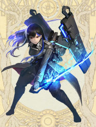 Rule 34 | 1girl, black coat, black footwear, black hair, black panties, black shirt, blue fire, boots, brown background, burning, flaming sword, flaming weapon, closed mouth, coat, dairoku ryouhei, dual wielding, electricity, electricity sword, electricity weapon, energy, fire, flaming sword, flaming weapon, full body, glowing, glowing sword, glowing weapon, hetza (hellshock), holding, holding weapon, hot, long hair, long sleeves, looking at viewer, machinery, multicolored hair, panties, pants, pouch, red eyes, shirt, solo, standing, streaked hair, sword, thigh strap, underwear, weapon