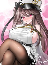 Rule 34 | 1girl, :q, absurdres, azur lane, bare shoulders, blush, breast rest, breasts, brown hair, coat, commentary request, crossed legs, dress, hair between eyes, hand on own face, hat, highres, hisin, huge breasts, knee to chest, knee up, long hair, long sleeves, no bra, pamiat merkuria (azur lane), pantyhose, pink eyes, side ponytail, sideboob, sleeveless, sleeveless dress, smile, solo, tongue, tongue out, very long hair, white coat, white dress, wide sleeves