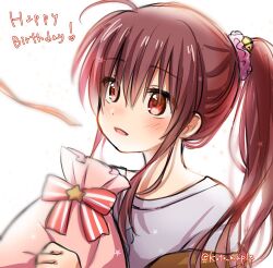 Rule 34 | 1girl, ahoge, bell, bloom, blush, bow, brown hair, casual, close-up, commentary request, eyelashes, eyes visible through hair, gift, hair bell, hair between eyes, hair ornament, hair scrunchie, happy, happy birthday, heart, holding, holding gift, jingle bell, little busters!, long hair, looking afar, micchi (koto maple), natsume rin, off shoulder, official alternate costume, open mouth, pink bag, pink scrunchie, ponytail, red bow, red eyes, scrunchie, shirt, sidelocks, simple background, smile, solo, star (symbol), star ornament, twitter username, very long hair, white background, white shirt
