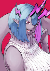 Rule 34 | 1girl, absurdres, alternate hair length, alternate hairstyle, bare shoulders, blue hair, bob cut, breasts, colored inner hair, colored skin, earrings, eyeliner, fate/grand order, fate (series), grey skin, gumi (the eye of darkness), hair between eyes, highres, horns, huge breasts, ibuki douji (fate), jewelry, long hair, looking at viewer, makeup, multicolored hair, oni, oni horns, open mouth, pink hair, pointy ears, red eyes, ribbed sweater, sidelocks, sleeveless, sleeveless sweater, smile, solo, sweater, tail, turtleneck, turtleneck sweater