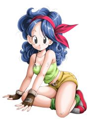 Rule 34 | 1girl, bare shoulders, belt, belt buckle, black eyes, blue hair, breasts, brown gloves, buckle, cleavage, dragon ball, dragon ball (classic), fingerless gloves, full body, gloves, hair ornament, hairband, highres, long hair, looking at viewer, lunch (dragon ball), lunch (good) (dragon ball), medium breasts, midriff, navel, red hairband, shorts, simple background, solo, white background, yellow shorts, young jijii