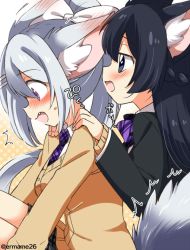 Rule 34 | 2girls, :d, ^^^, animal ears, black hair, blue eyes, blush, bow, bowtie, braid, cardigan, cat ears, cat tail, ear blush, eromame, eyebrows, fang, french braid, from side, hair between eyes, hair ornament, hairclip, hands on another&#039;s shoulders, higuchi kaede, kemonomimi mode, long hair, long sleeves, multiple girls, necktie, nijisanji, nose blush, open mouth, plaid, plaid bow, plaid bowtie, plaid necktie, plaid neckwear, purple bow, purple bowtie, purple eyes, purple necktie, shirt, sideways mouth, silver hair, single braid, smile, surprised, tail, tsukino mito, twitter username, virtual youtuber, white shirt, yuri