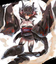 Rule 34 | 1girl, bare shoulders, black diablos, black hair, breasts, brown eyes, capcom, cleavage, highres, horns, japanese clothes, kimono, large breasts, long hair, monster hunter (series), open mouth, panties, personification, solo, tail, umitsuki, underwear, white panties, wide sleeves