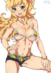 Rule 34 | 1girl, :d, bare shoulders, belt, bikini, bikini top only, bikini under clothes, blonde hair, blue eyes, blush, bracelet, breasts, chain, collarbone, denim, denim shorts, hand on own hip, highres, hip focus, idolmaster, idolmaster cinderella girls, jewelry, long hair, looking at viewer, medium breasts, multicolored stripes, nail polish, navel, navel piercing, necklace, ohtsuki yui, open mouth, piercing, pink nails, ponytail, revision, short shorts, shorts, sidelocks, simple background, smile, solo, striped bikini, striped clothes, suna (sandworks), swept bangs, swimsuit, thighs, wavy hair, white background