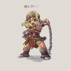 Rule 34 | 1boy, armor, belt, blonde hair, blue eyes, castlevania (series), chibi, gloves, headband, highres, ia takame, long hair, looking at viewer, male focus, muscular, nintendo, open mouth, short hair, simon belmont, simple background, smile, solo, super smash bros., translation request, weapon, whip