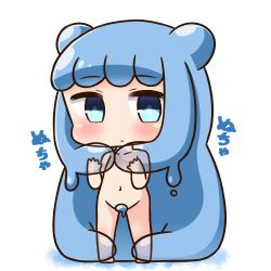 Rule 34 | 1girl, barefoot, blue eyes, blue hair, blush, chibi, closed mouth, collarbone, commentary request, convenient censoring, double bun, full body, groin, hair bun, half slime-chan, hana kazari, long hair, looking at viewer, monster girl, navel, nude, original, side bun, slime girl, solo, standing, translation request, transparent, very long hair, white background