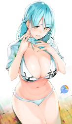 Rule 34 | 1girl, bikini, blue hair, braid, breasts, cleavage, clothes lift, clothes writing, commentary request, french braid, large breasts, legs together, lifted by self, mature female, metallican, moira (nijisanji), mole, mole under mouth, navel, nijisanji, open mouth, print bikini, shirt lift, short sleeves, sitting, solo, stomach, swimsuit, virtual youtuber, white bikini, yellow eyes