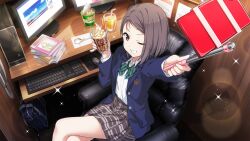 Rule 34 | 1girl, 22/7, 22/7 ongaku no jikan, bag, bendy straw, blue jacket, bow, bowtie, brown skirt, cellphone, clenched teeth, collared shirt, computer, crossed legs, cup, drinking glass, drinking straw, dutch angle, food, from above, game cg, green bow, green bowtie, grey eyes, grey hair, highres, hiiragi tsubomi, holding, holding food, holding stick, indoors, jacket, computer keyboard, lens flare, long sleeves, looking at phone, medium hair, monitor, computer mouse, non-web source, official art, on chair, one eye closed, open clothes, open jacket, phone, plaid, plaid bow, plaid bowtie, plaid skirt, pleated skirt, school bag, school emblem, school uniform, selfie, selfie stick, shirt, single sidelock, sitting, skirt, smartphone, solo, sparkle, spoon, stick, sweets, teeth, white skirt