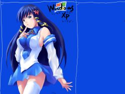 Rule 34 | 1girl, bare shoulders, blue background, blue hair, breasts, impossible clothes, large breasts, long hair, looking at viewer, microsoft windows, no bra, os-tan, panties, pantyshot, simple background, solo, underwear, very long hair, white legwear, white panties, xp-tan